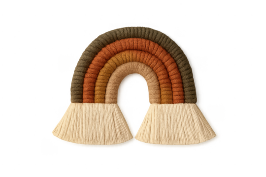 Macrame rainbow wall hanging decoration with earthy tones