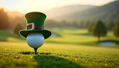 golf ball on tee. Golf ball wearing a leprechaun hat. space for text. For St. Patrick’s Day, golf events, promotions, greeting cards, and festive advertising.
