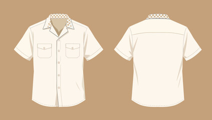 Short Sleeve Camp Collar Shirt Technical Flat with Chest Pockets and Patterned Detail