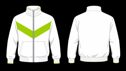 White Track Jacket Technical Flat with Green Chevron Detail, Full Zip Mock Neck © Rishi