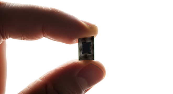Human fingers holding a small black microchip processor with many pins against a bright white background, isolated on a white or transparent background, cutout, PNG