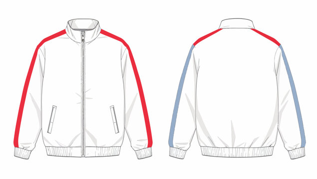 White Track Jacket Technical Fashion Flat with Contrasting Stripes, Front and Back View