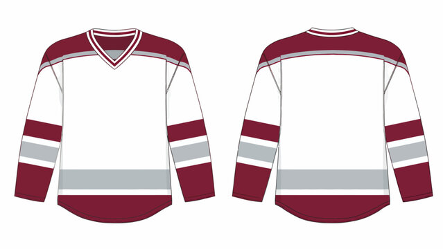 Ice Hockey Jersey Technical Sketch &ndash; Long Sleeve V-Neck Team Uniform Front and Back View CAD Template with Stripe Details in Burgundy and Gray for Sportswear Mockup