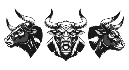 Aggressive Bull Head Portrait Set – Roaring Front View and Profile Black and White Vector Illustration for Sport Mascot, Energy Drink, and Ranch Logos