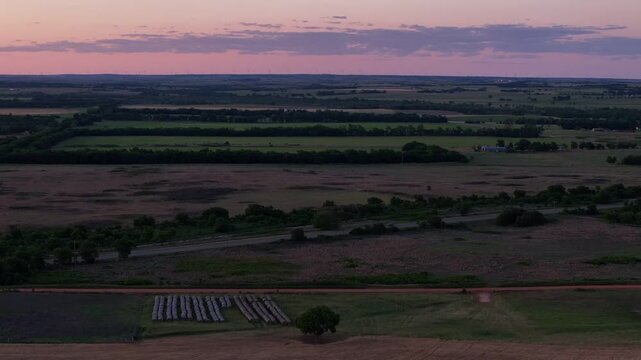 Aerial landscape of desert sunset land in rural historic US route 66 Hext Texas Menard County TX