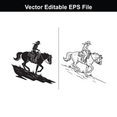 Silhouette and line art of a cowboy riding a horse downhill, vector editable eps file