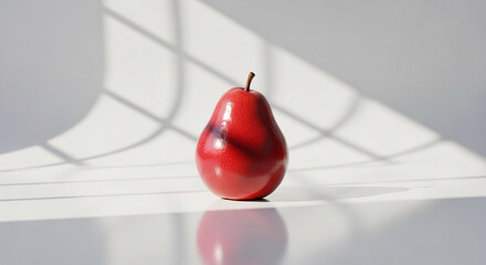 Red pear on white surface, illuminated by sunlight creating strong shadows, minimalist still life showcasing simple elegance and clean design, ideal for product display or advertising