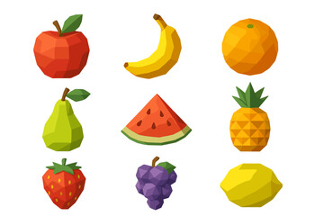 Colorful low-poly fruit collection featuring apples, bananas, oranges, pears, and more
