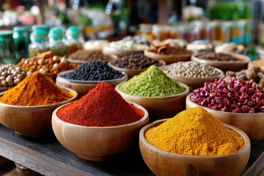 Colorful Spices in Wooden Bowls at a Market