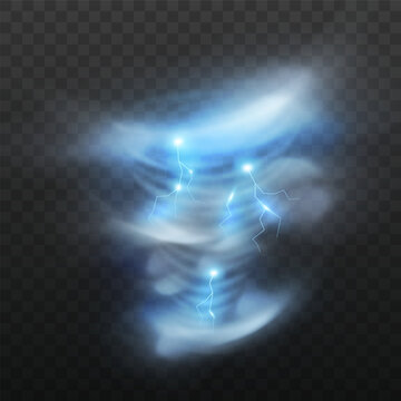 Realistic tornado storm, hurricane wind vortex, vector 3D cyclone twister with thunderbolt lightning, whirlwind funnel