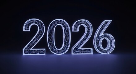 Abstract glowing blue wireframe '2026' numbers reflect on a dark digital surface