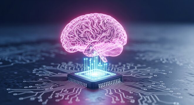 Abstract pink brain model connects to a glowing CPU on circuit board. AI concept