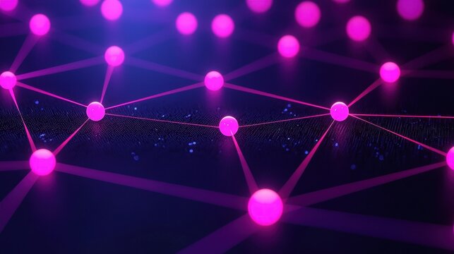 Abstract digital network of glowing pink spheres connected by lines on a dark blue background