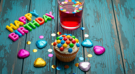 Colorful cupcake, drink, and "Happy Birthday" lettering on rustic teal wood background, decorated with confetti and chocolate hearts. Festive birthday scene perfect for greeting cards or invitations