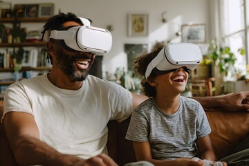 Man and a child are sitting on a couch, both wearing virtual reality headsets. The man is smiling, and the child is laughing. Concept of fun and excitement