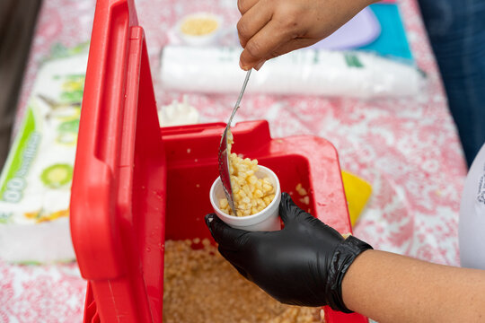Traditional Mexican esquite in a cup, with cooked corn kernels, cream, and cheese, at a street stall in a garden. chascas, vasolotes, trolelotes, elote en vasito, elote en vaso
