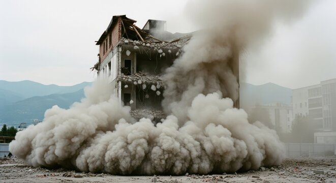 Building demolition creating a huge dust cloud, with debris falling and mountains in background