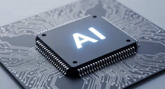 Central processing unit with illuminated 'AI' text on intricate electronic pathways