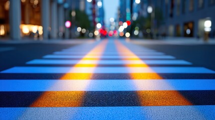 Modern urban pedestrian crossing illuminated with vibrant blue and orange smart lights, creating a futuristic city street scene at night.