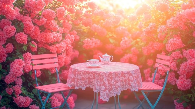 Charming outdoor tea setting amidst abundant pink flowers, bathed in golden sunlight