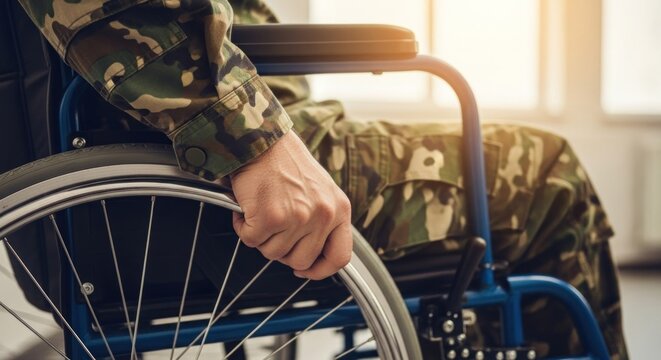 Close-up of a person in military uniform in a wheelchair, hand on wheel, sunlight