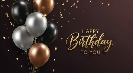 Black, silver, and bronze balloons with gold confetti on dark background, "Happy Birthday" message, celebratory design, ideal for greeting cards or party invitations