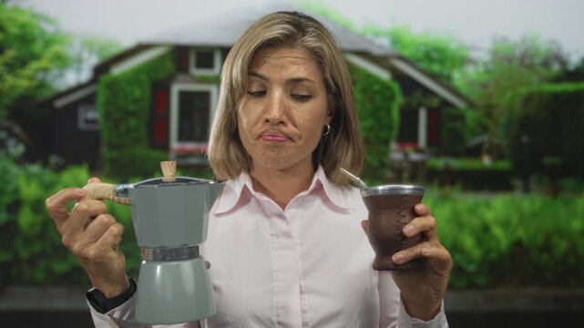 Woman holds coffee pot and mate cup at building entrance with puzzled gaze and pursed lips; uncertainty.