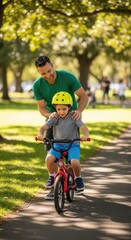 Fototapeta premium Joyful adult helping small child with yellow helmet learn to ride a red bike on a bright green park trail. Parent showing patient care and deep affection.