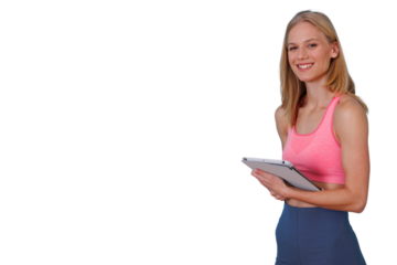 Woman personal trainer smiling, holding a digital tablet, offering online fitness coaching and health guidance