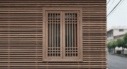 Detailed shot of a building's wood-slat facade featuring a traditional grid-pattern window