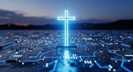 Digital blue cross glowing on a detailed circuit board under a dusk sky