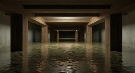 Fototapeta premium Dimly lit wooden corridor with pillars, floor covered in reflective shallow water