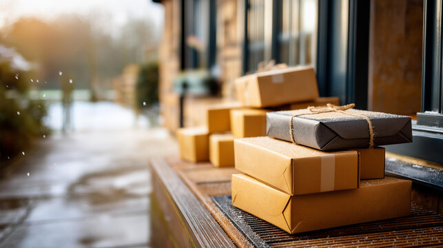 Christmas gifts delivery postal service faceless wrapped parcel boxes defocused country house doorstep in snowing winter background holiday online shopping rural delivery