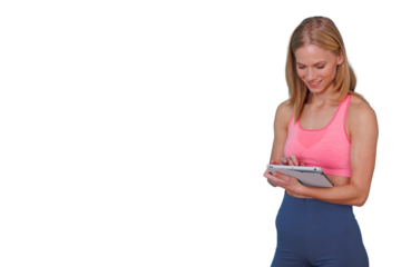 Fitness woman researching workout on tablet, planning health and wellness routine, wearing sportswear