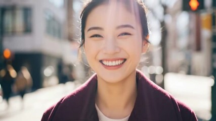 A beautiful, happy Asian businesswoman with her hair in a bun, laughing at the camera. This footage is perfect for positive and cheerful concepts - Powered by Adobe