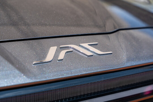 Silver emblem of the Chinese brand JAC (owned by JAC Motors) centered on the front grille of one of its trucks. Jalisco, Mexico, Nov. 10, 2025.