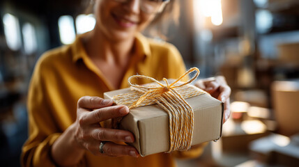 Faceless festive character taping delivery box at warehouse defocused storage facility background package preparation shipping sealing process order fulfillment work parcel