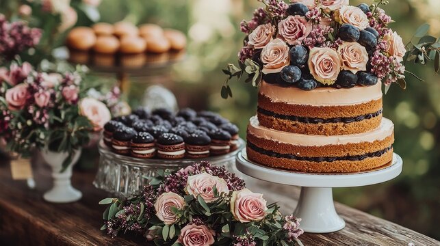 Elegant outdoor dessert table with a two-tier naked cake, pink roses, berries, and macarons - Powered by Adobe