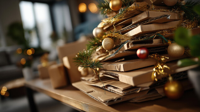 Christmas tree made of recyclable cardboard boxes faceless eco friendly display defocused balls and garlands background sustainable holiday concept green packaging environment
