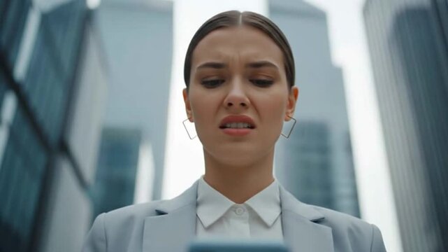 A businesswoman looks at her phone with a confused and angry expression, reacting to bad news. This footage is perfect for problem concepts