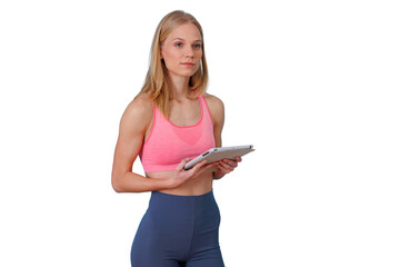 Female fitness coach holding tablet, checking workout plan, standing with transparent background