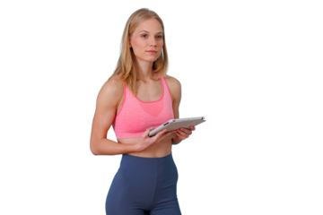 Female fitness coach holding tablet, checking workout plan, standing with transparent background