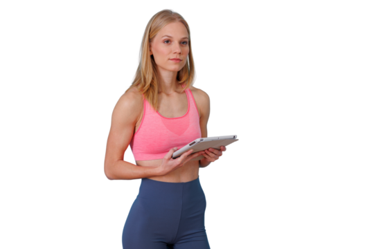 Female fitness coach holding tablet, checking workout plan, standing with transparent background