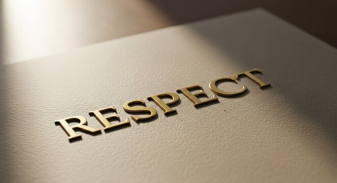 Embossed golden 'RESPECT' text on textured paper, highlighted by strong diagonal light