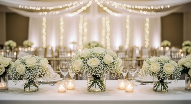 Elegant white rose centerpieces & candles on a table, with festive string lights bokeh