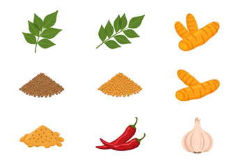 An arrangement of nine distinct Indian spice and herb ingredients on a white background