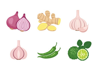 Illustration of six distinct Asian culinary ingredients arranged in two rows