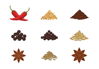 Nine spice illustrations arranged in a threebythree grid on white