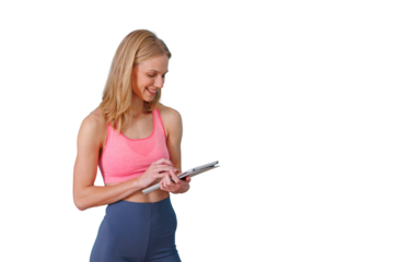 Fitness woman finding workout motivation and healthy lifestyle guidance using a digital tablet at home