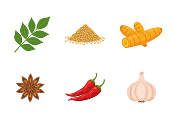 Six distinct spices and aromatics arranged in two rows against a white background